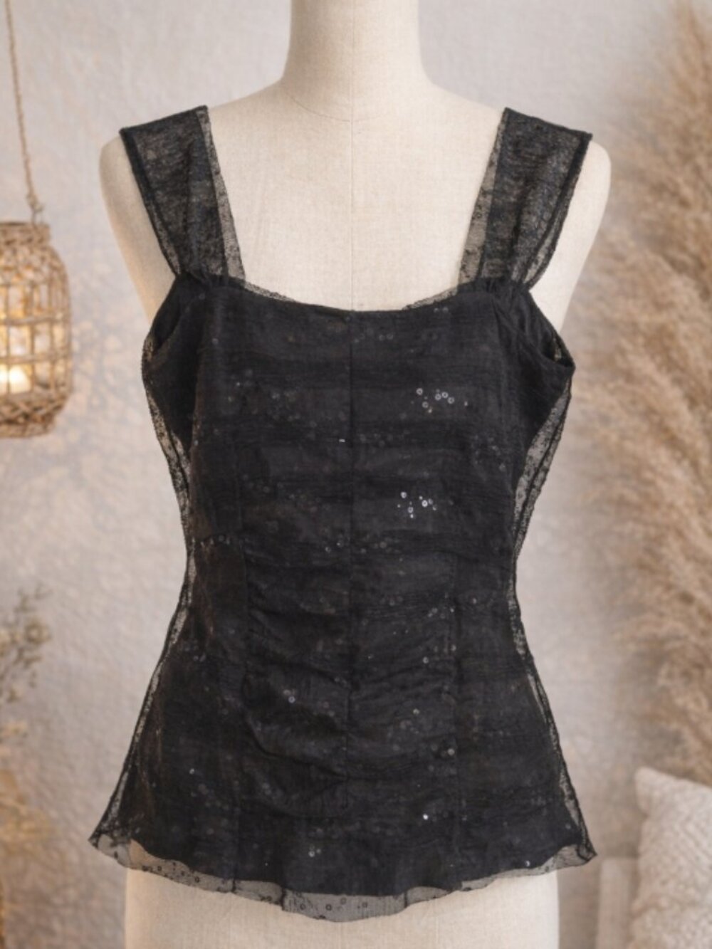 Elana Kattan Lined Black Sequin Sheer Mesh Top Shirt M Glam Eveningwear Cocktail